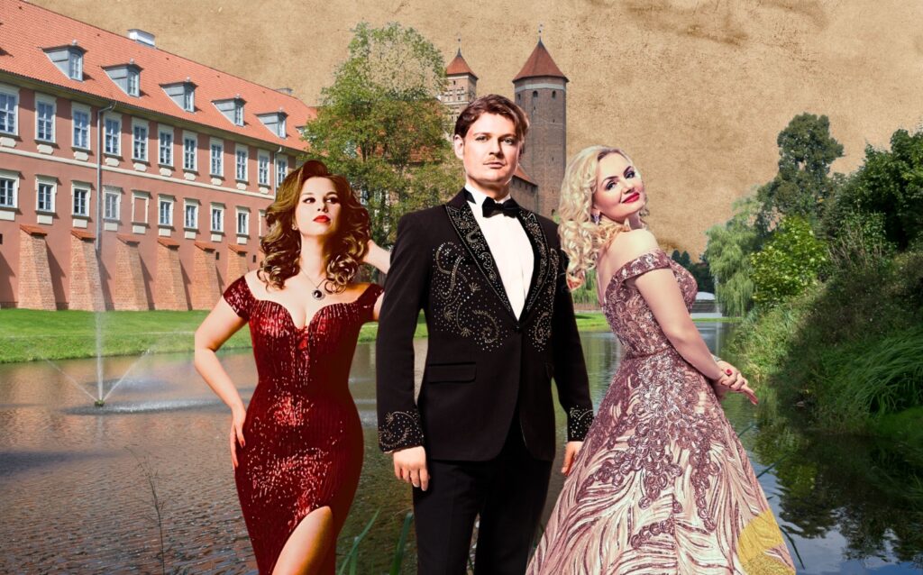 Eleganckie osoby w strojach wieczorowych przy wodzie.