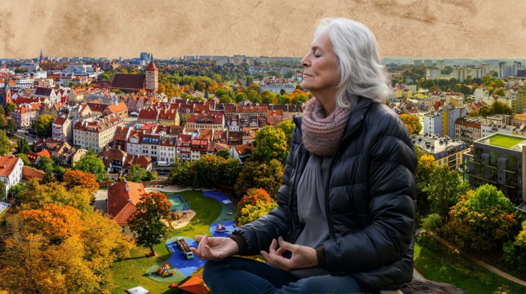 Kobieta medytująca nad miastem z kolorowymi drzewami.