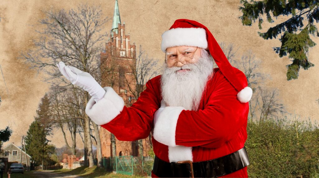 Mężczyzna w kostiumie Świętego Mikołaja z białą brodą w stylowej pozie.