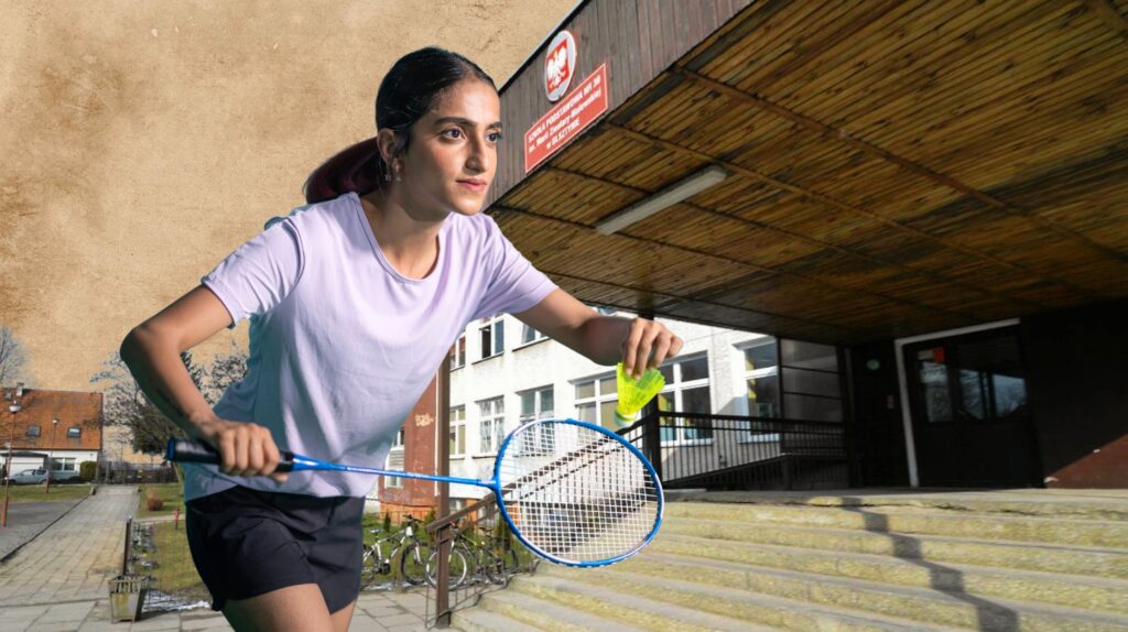 Młoda kobieta grająca w badmintona.