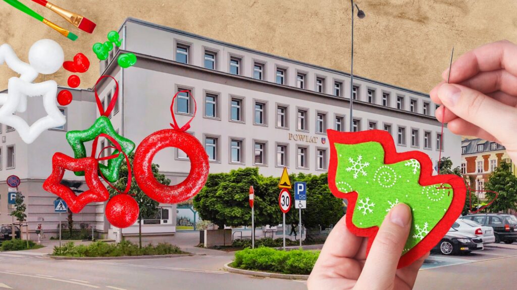 Osoba szyjąca ozdobę świąteczną w miejskim otoczeniu.