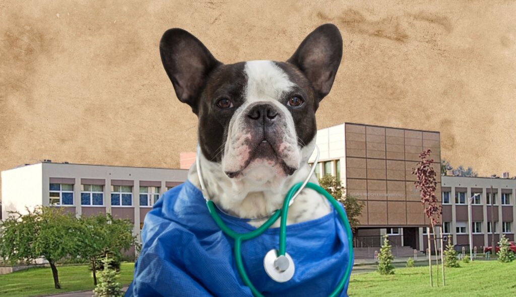 Pies w niebieskim fartuchu lekarskim.