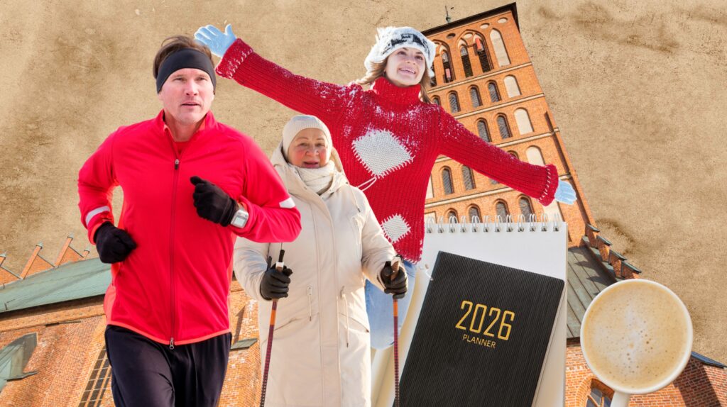 Trzy osoby w zimowych ubraniach, biegające i spacerujące, z notatnikiem i filiżanką kawy.