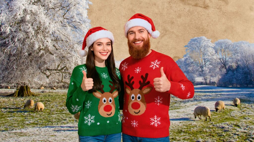 Para w świątecznych swetrach na tle zimowego krajobrazu.