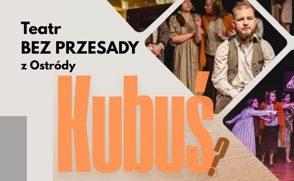 Plakat przedstawienia teatralnego z aktorami.