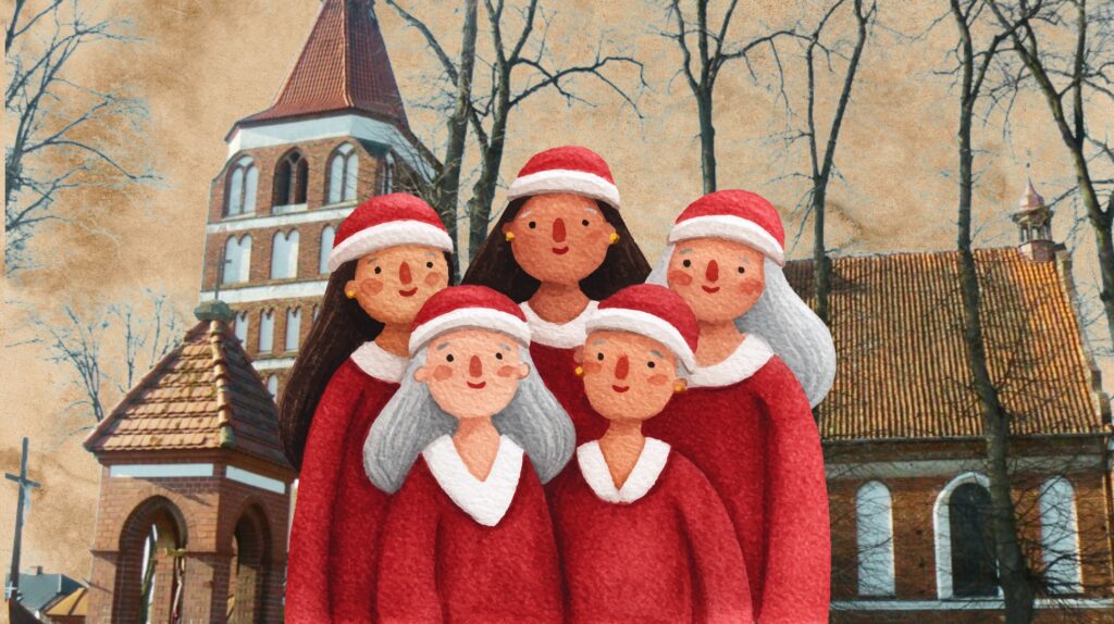 Grupa pięciu kobiet w czerwonych strojach i czapkach świątecznych.