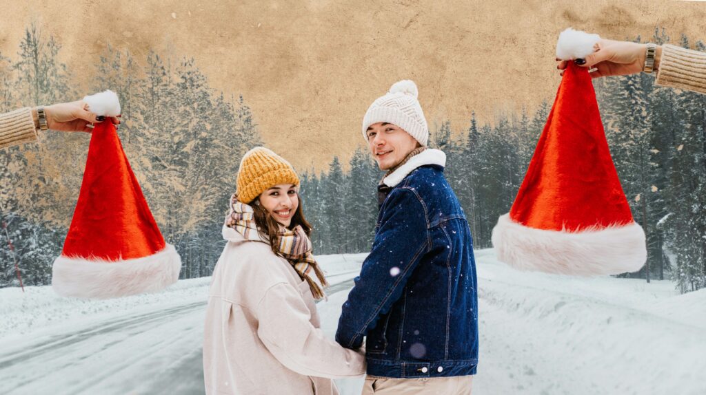 Para w zimowych ubraniach trzymająca się za ręce.