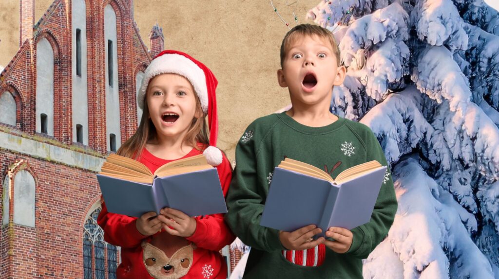 Dwoje dzieci w strojach świątecznych śpiewa z książkami.