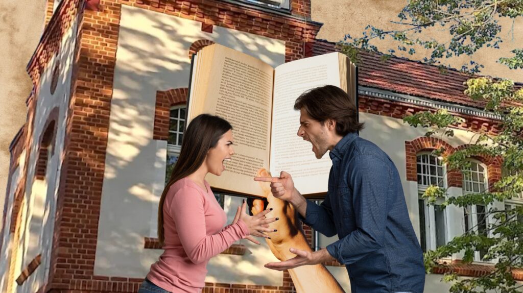 Dwoje ludzi kłóci się przed otwartą książką.