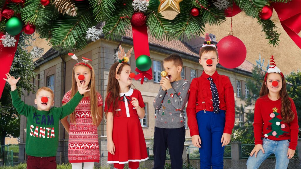 Grupa dzieci w świątecznych strojach z czerwonymi nosami.