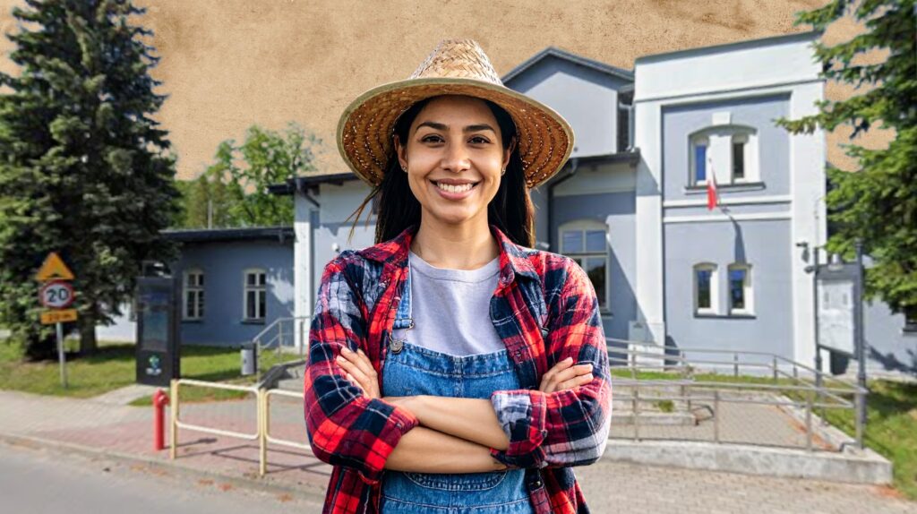 Kobieta w kapeluszu na tle budynku