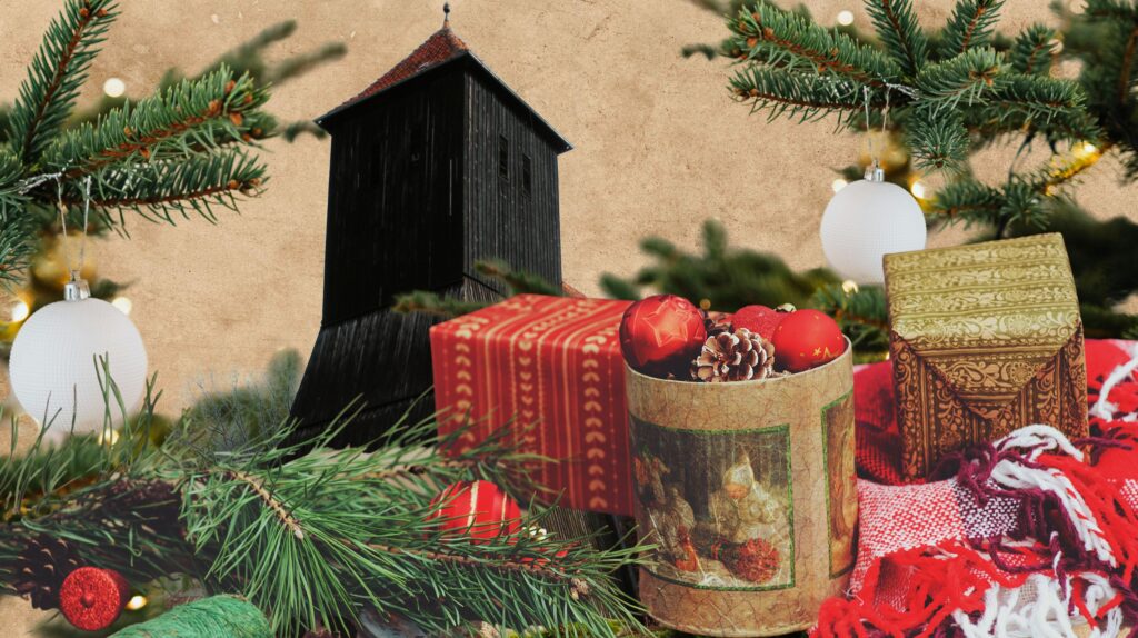 Bożonarodzeniowe dekoracje z prezentami i choinką.