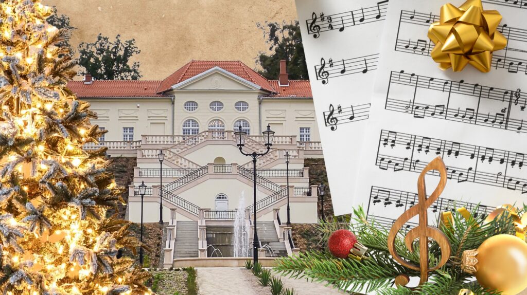 Dekoracyjna choinka z lampkami na tle willi i nut.