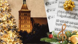 Świąteczna dekoracja z choinką i nutami