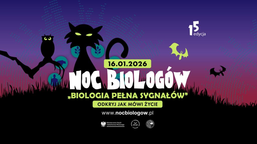 Plakat Nocy Biologów z grafiką kota, sowy i nietoperzy.