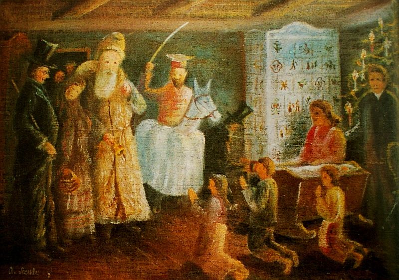 Scena przedstawiająca Mikołaja i dzieci modlące się w pokoju.