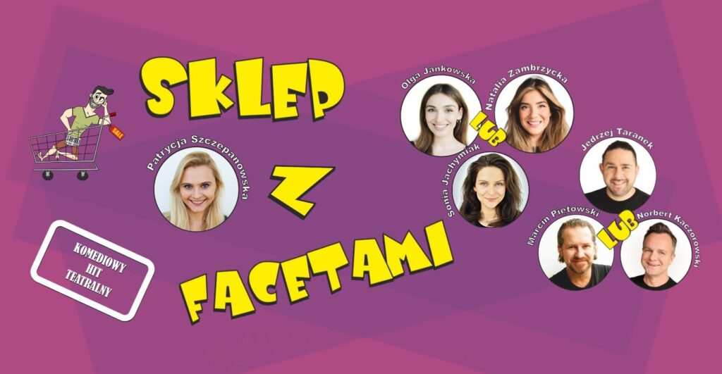 Plakat promujący spektakl teatralny "Sklep z facetami".
