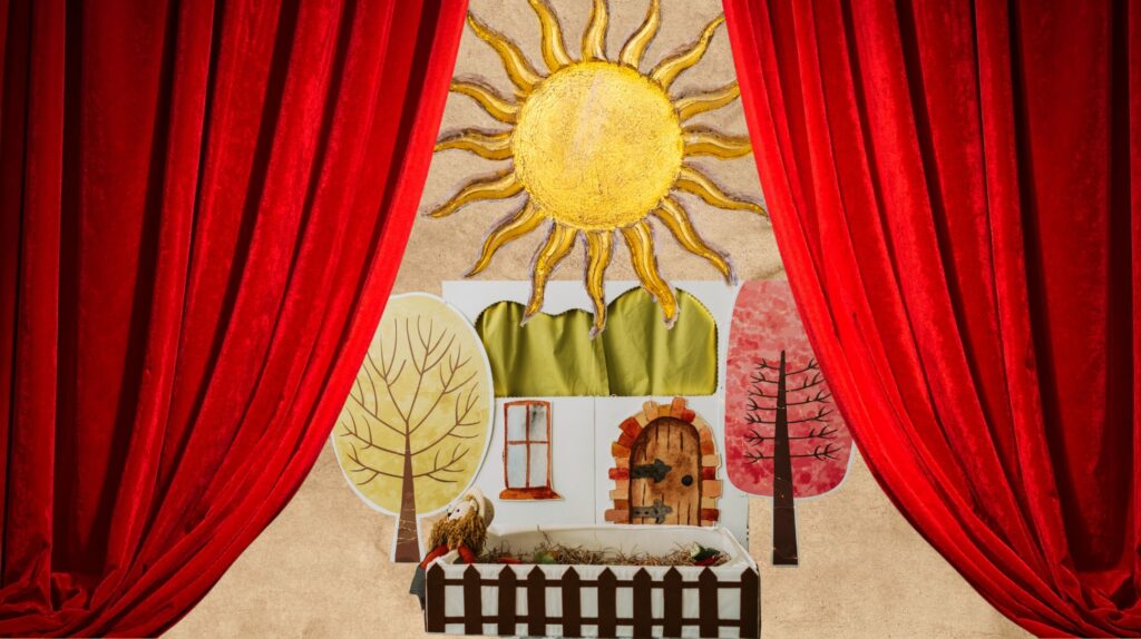 Teatrzyk ze słonecznym tłem i drzewami.