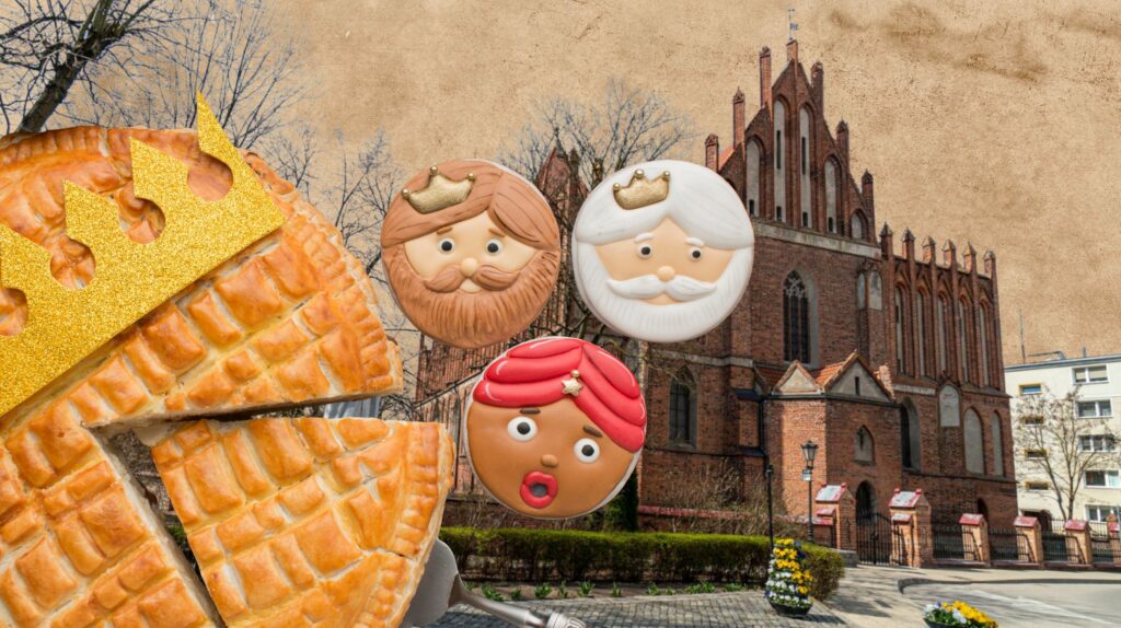 Ciasto i kolorowe ciasteczka w kształcie głów postaci.