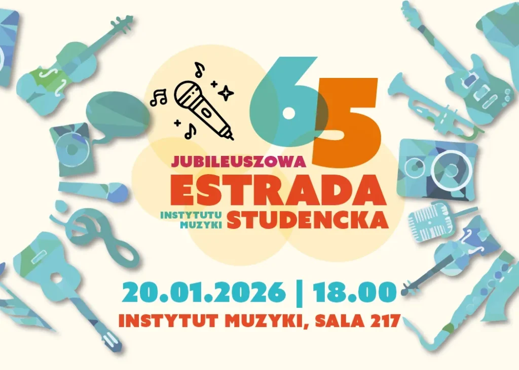 Plakat wydarzenia muzycznego z instrumentami i mikrofonem.