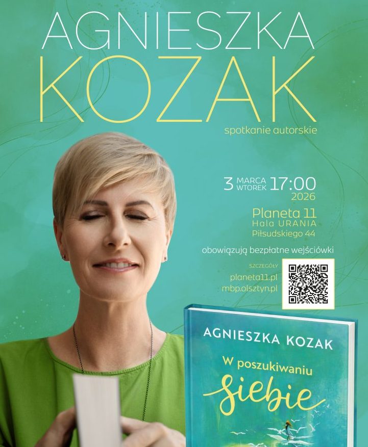 Plakat zapraszający na spotkanie autorskie Agnieszki Kozak.