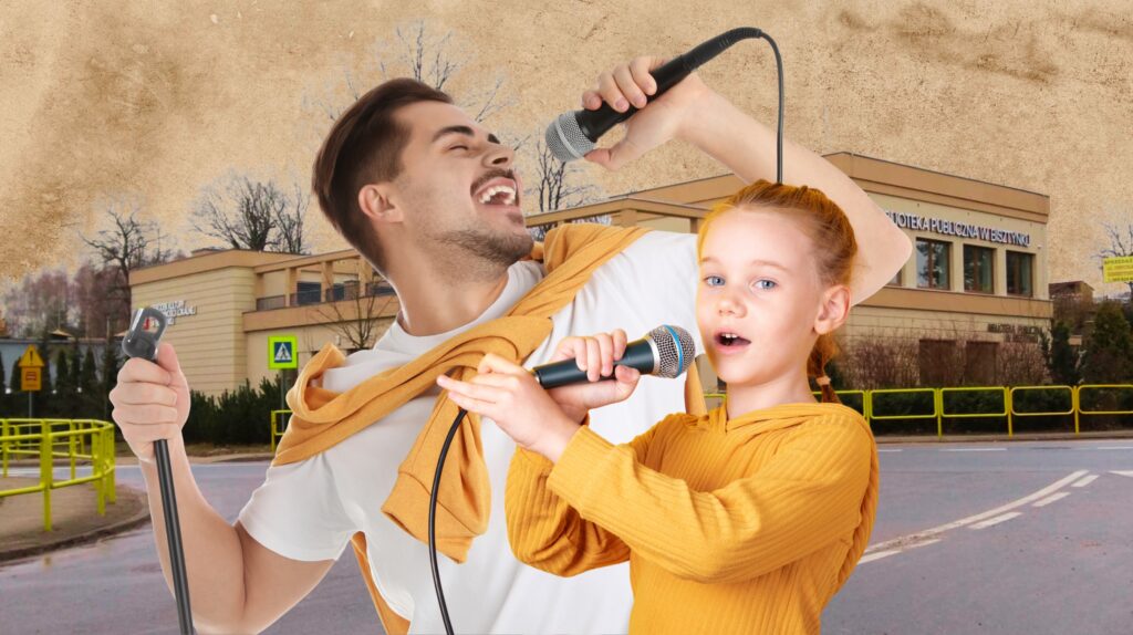 Dorośły mężczyzna i dziewczynka śpiewają z mikrofonami