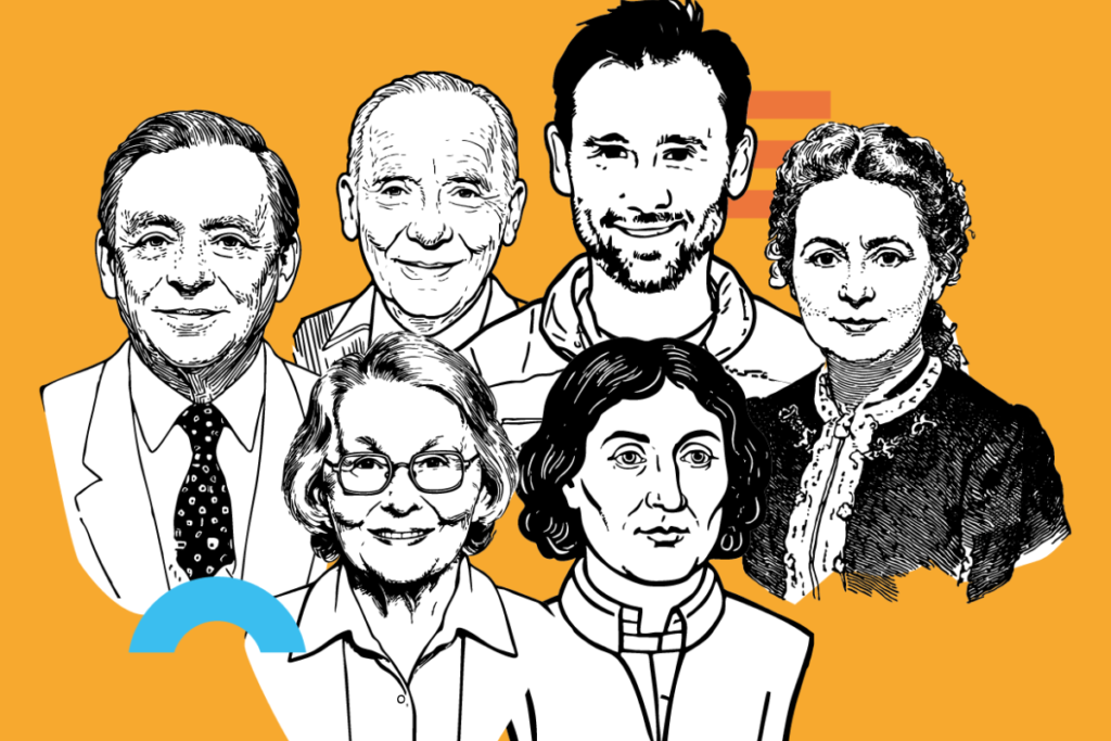 Ilustracja sześciu osób na pomarańczowym tle.