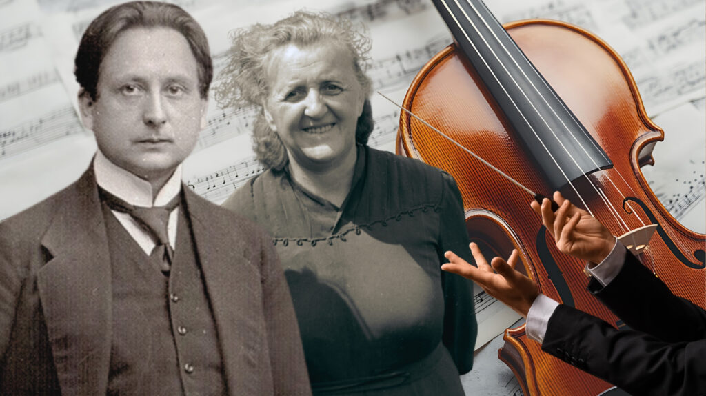 Czarno-białe portrety dwóch osób z instrumentem smyczkowym w tle.