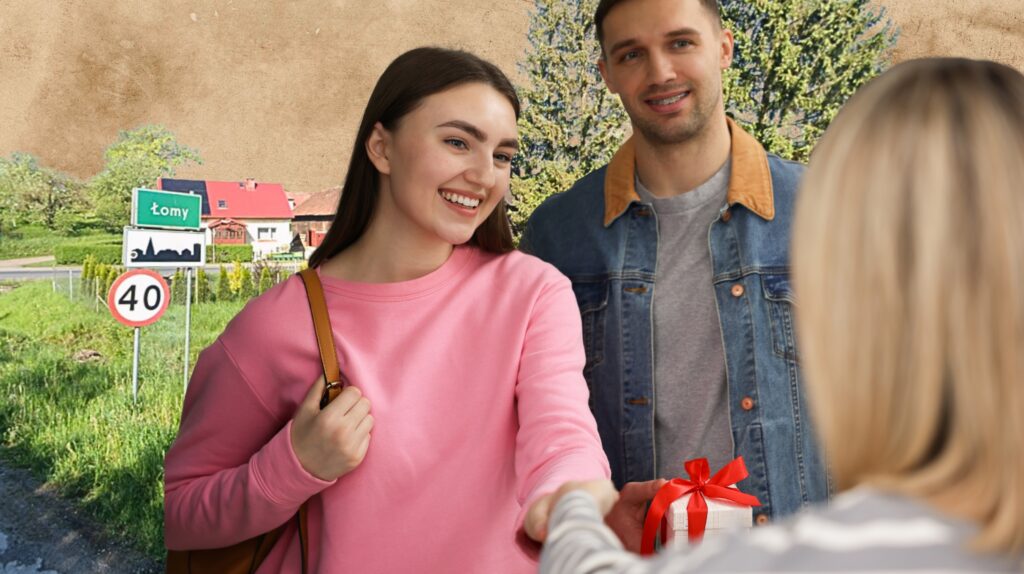 Młoda para wręcza prezent kobiecie.