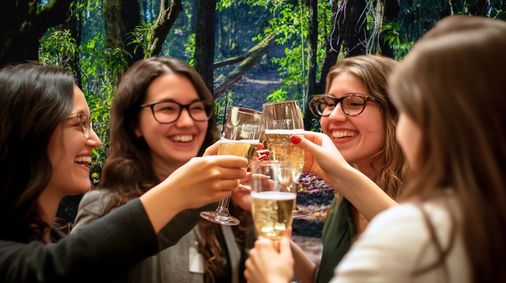 Grupa kobiet wznoszących toast z kieliszkami szampana.