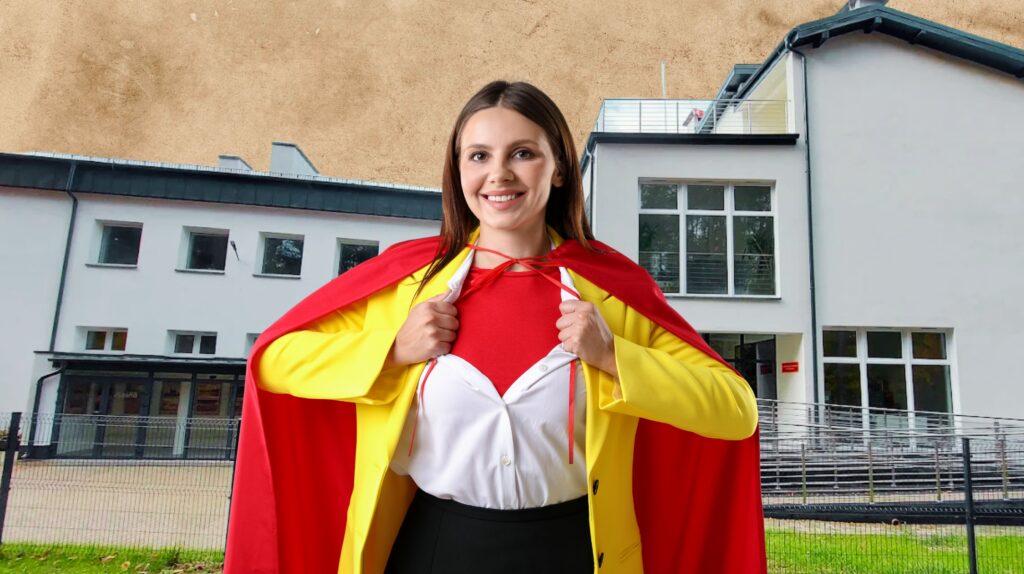 Kobieta w pelerynie otwierająca koszulę w stylu superbohatera