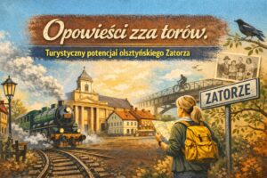 Kobieta trzymająca mapę w Zatorzu z pociągiem w tle.