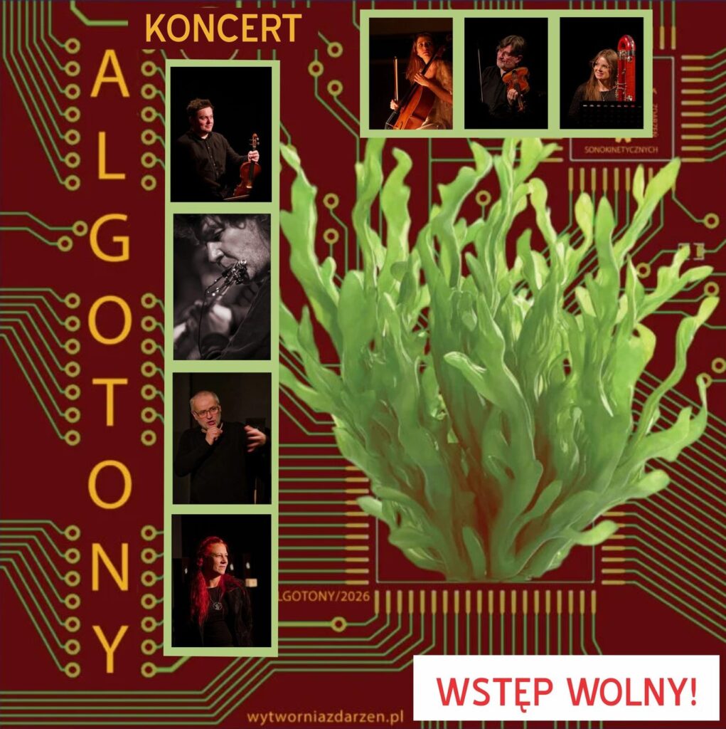 Plakat koncertu Algotony z występującymi artystami.