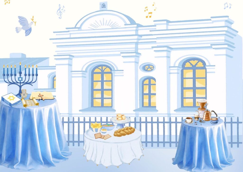 Stół z jedzeniem i dekoracją przy budynku.