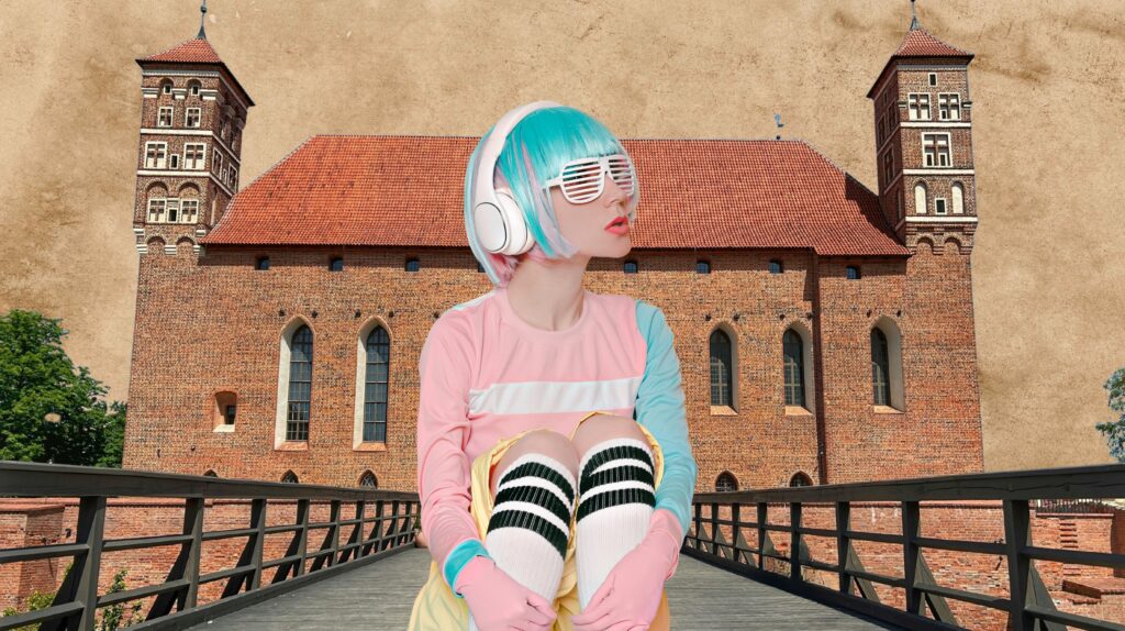 Kobieta z niebieskimi włosami siedzi przed zabytkowym budynkiem.