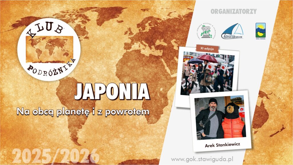 Plakat wydarzenia podróżniczego z mapą i zdjęciami.