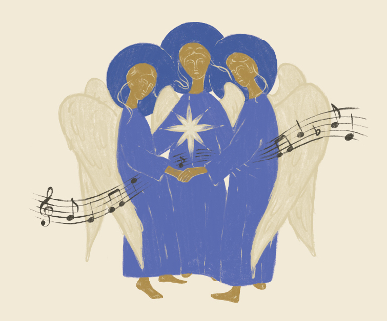 Trzy anioły w niebieskich szatach z muzyką.