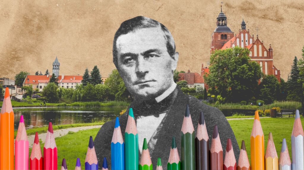 Czarno-białe zdjęcie mężczyzny na tle kolorowych kredek i krajobrazu.