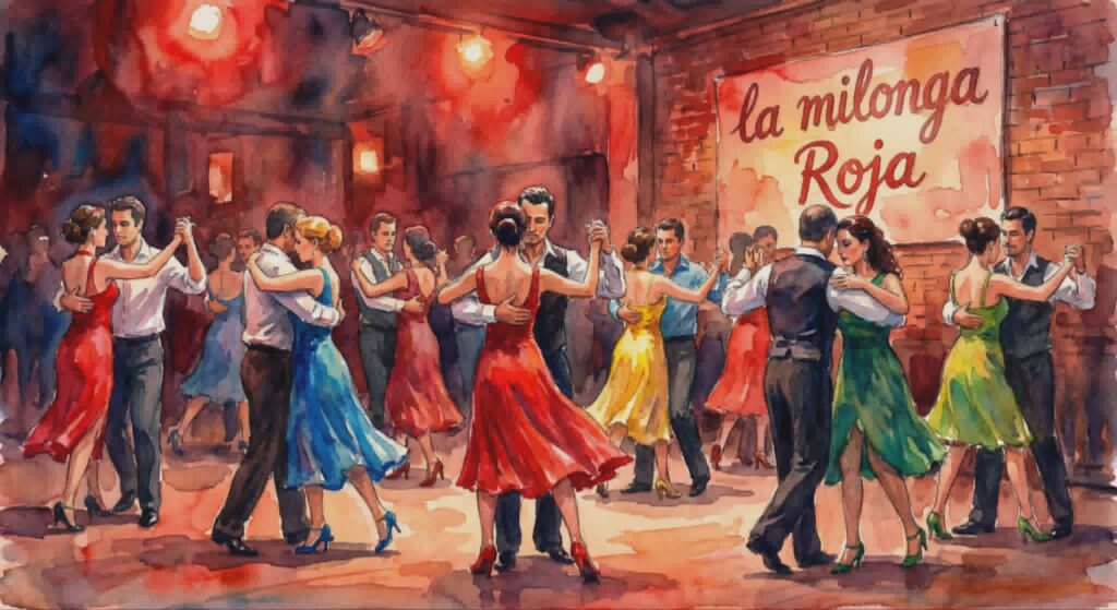 Grupa ludzi tańczących tango w barze.