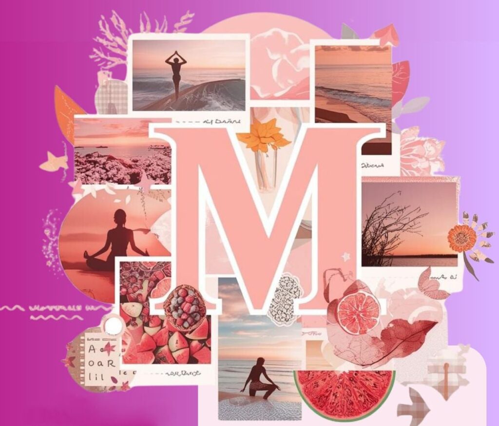 Kolaż zdjęć na różowym tle z literą M.