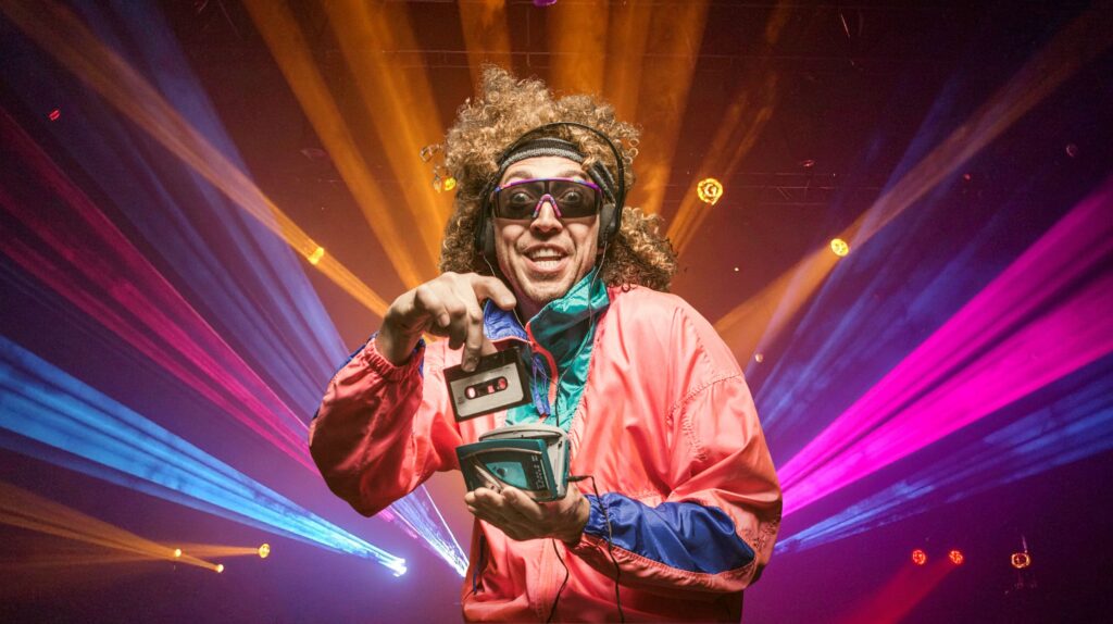 Mężczyzna w kolorowej stylizacji trzyma kasetę w świetle koncertowym.