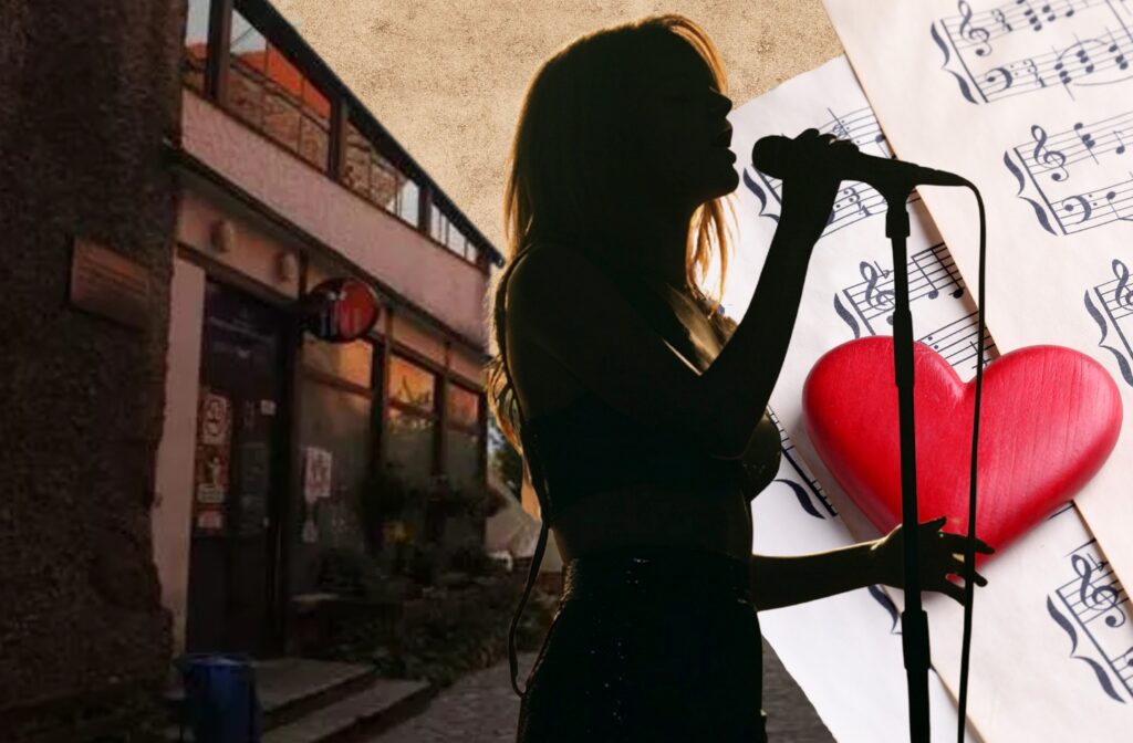 Silhouette woman singing near music notes and heart.