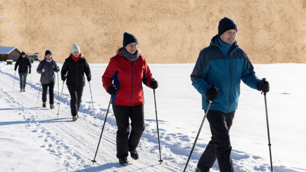 Grupa ludzi spaceruje po zaśnieżonym terenie.
