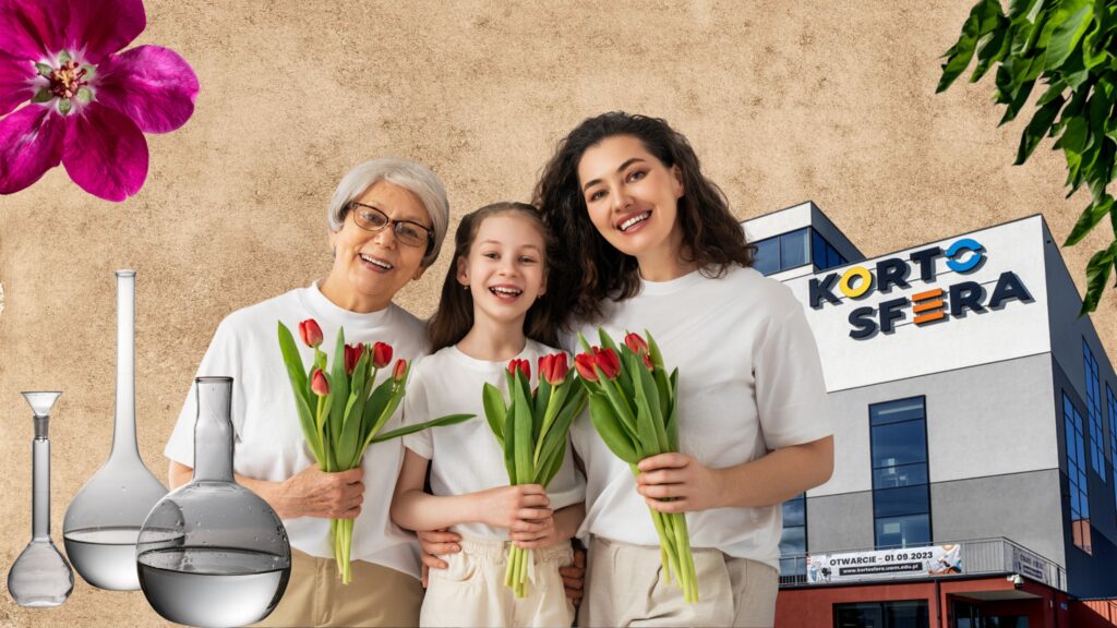 Oto tekst alternatywny oraz opis dla najnowszej grafiki: Tekst alternatywny: Trzy kobiety z tulipanami na tle budynku Centrum Popularyzacji Nauki i Innowacji „Kortosfera”.