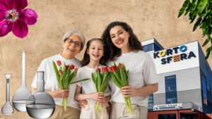 Oto tekst alternatywny oraz opis dla najnowszej grafiki: Tekst alternatywny: Trzy kobiety z tulipanami na tle budynku Centrum Popularyzacji Nauki i Innowacji „Kortosfera”.