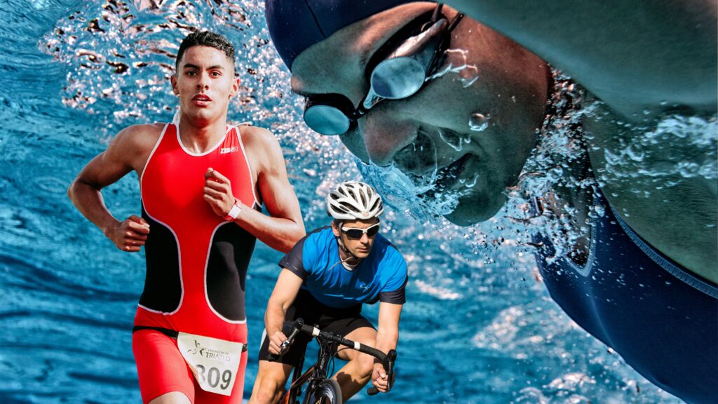 Trzech sportowców w akcji: biegacz, rowerzysta, pływak.