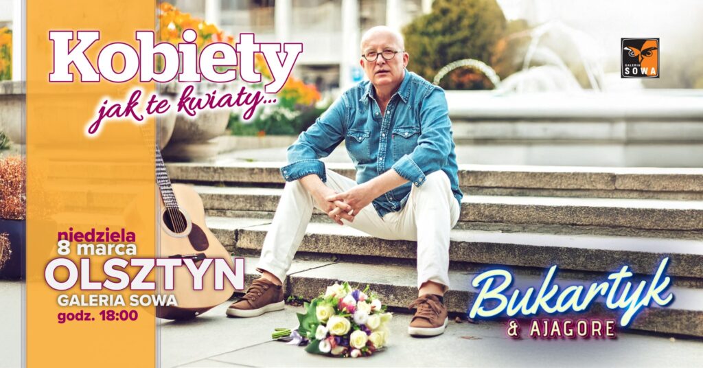 Mężczyzna siedzi na schodach z gitarą i bukietem kwiatów.