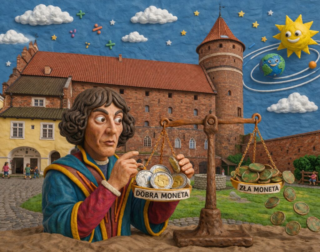 Postać mężczyzny ważona monety na wagach.