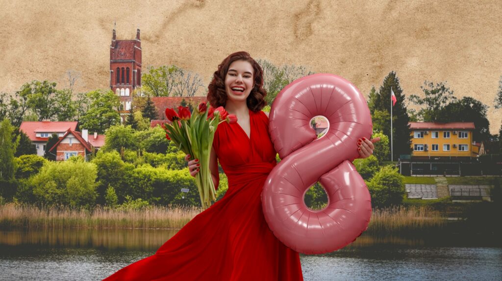 Kobieta w czerwonej sukni trzymająca bukiet tulipanów i balon w kształcie ósemki.