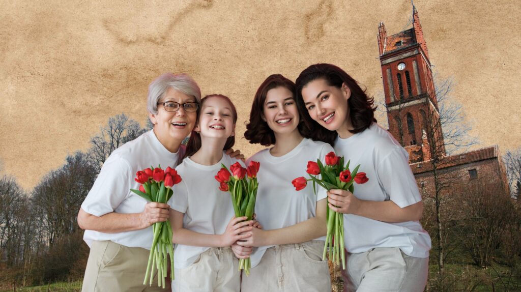 Cztery kobiety trzymające tulipany.
